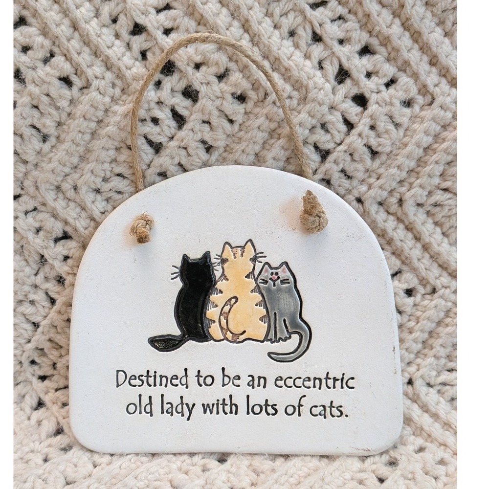 August Ceramics Cat Lady Wall Plaque Pottery Handmade USA Eccentric Cats Sign